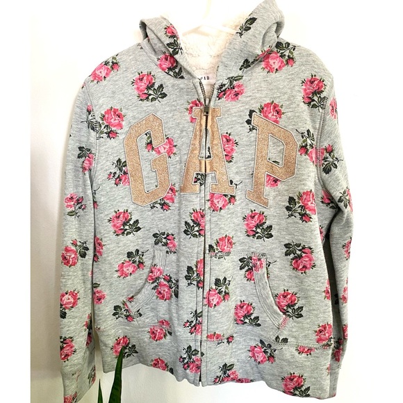 Gap Floral Fleece Lined Zip Up Logo Sweatshirt - Picture 2 of 6